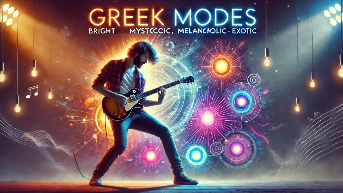 DALL·E 2024 12 26 23.12.44 A visually striking image featuring a guitarist passionately playing a solo on stage surrounded by vibrant lighting effects that evoke the seven Gree