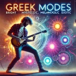 DALL·E 2024 12 26 23.12.44 A visually striking image featuring a guitarist passionately playing a solo on stage surrounded by vibrant lighting effects that evoke the seven Gree