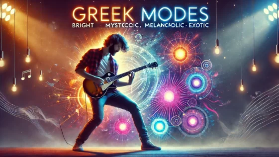 DALL·E 2024 12 26 23.12.44 A visually striking image featuring a guitarist passionately playing a solo on stage surrounded by vibrant lighting effects that evoke the seven Gree