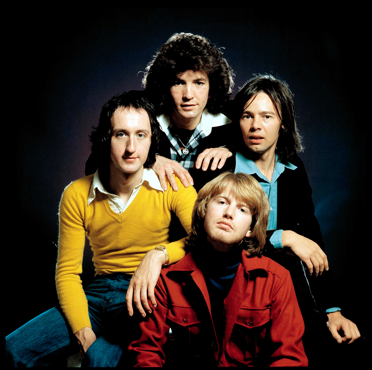 Scottish band Pilot, studio group portrait, London, 1975, clockwise from left Ian Bairnson, Stuart Tosh, David Paton, Billy Lyall.