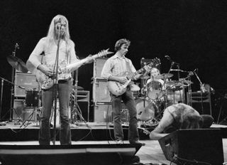 The Allman Brothers Band rehearse at The Grand Opera House in Macon, Georgia for Don Kirshner's Saturday Night Rock Concert in 1973.