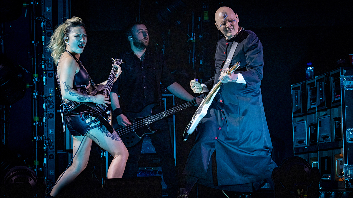 Kiki Wong and Billy Corgan of The Smashing Pumpkins perform at Lucca Summer Festival on July 06, 2024 in Lucca, Italy.