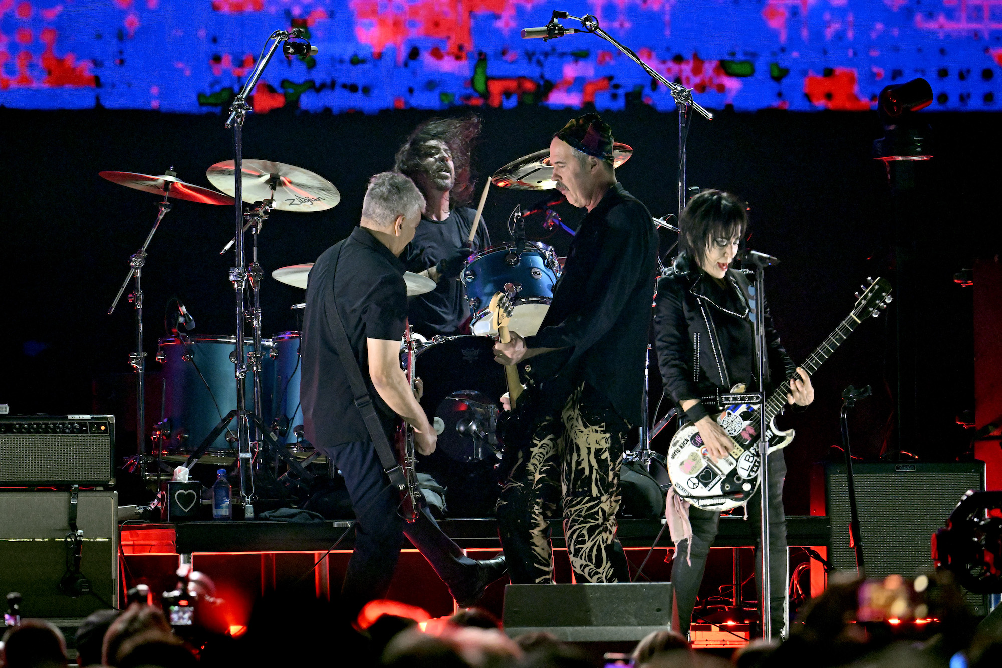 Joan Jett (front, right) performs with Nirvana at the FireAid concert at the Kia Forum in Inglewood, California on January 30, 2025