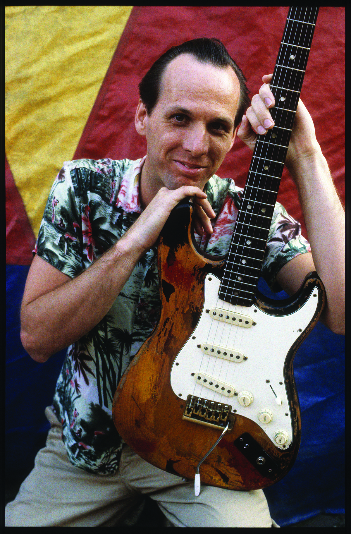 Adrian Belew of King Crimson, portrait at Tent, Olympisch Stadion, Amsterdam, Netherlands, 6th September 1982,