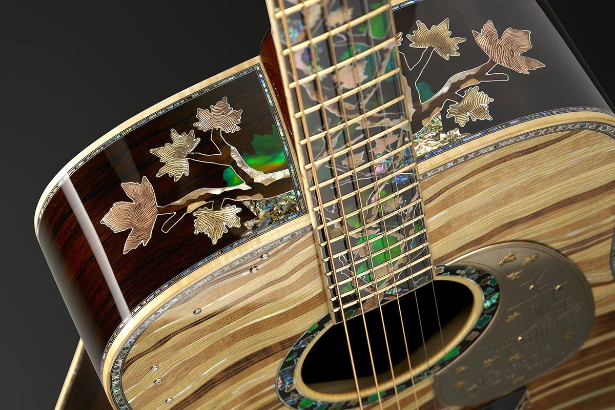 Images of Martin Guitar's 3 Millionth model, celebrating the company's 3 millionth guitar. This guitar is limited to three exampes (only one for sale) and is debuting at the 2025 NAMM Show