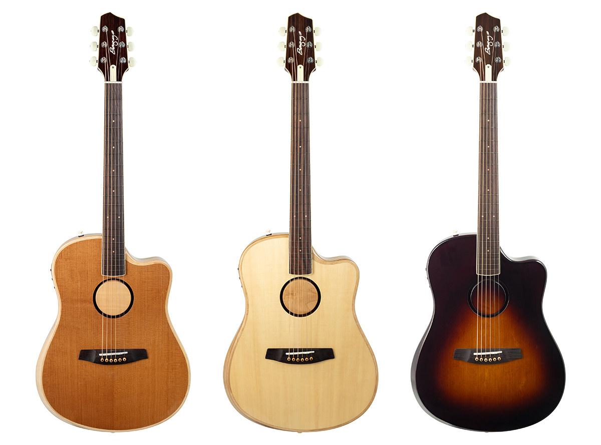 A photo showing three different models of the L.R. Baggs AEG-1 acoustic-electric guitar