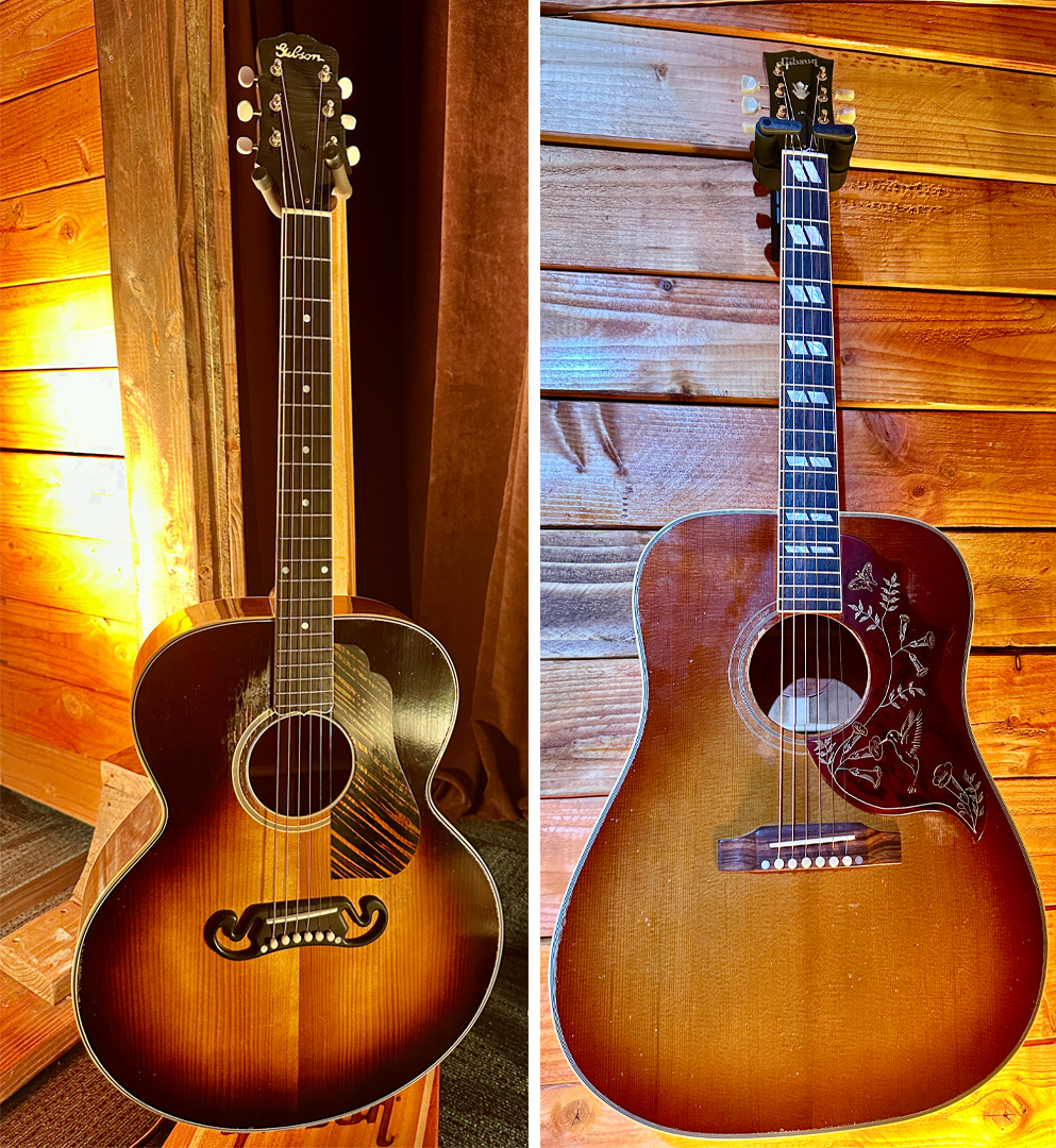 A composite photo showing (left) a Gibson Murphy Lab 1939 SJ-100 Heavy Aged acoustci guitar and (right) the Gibson Murphy Lab 1960 Hummingbird Heavy Aged, both photographed at NAMM 2025