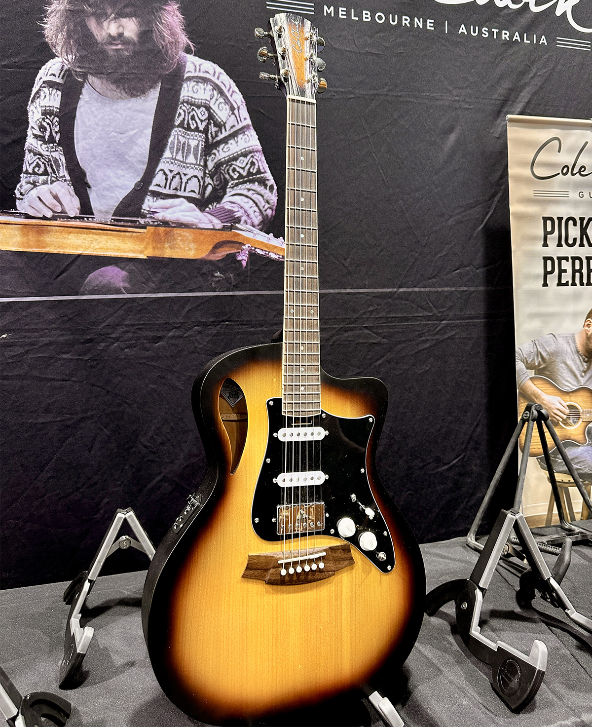 A photo of the Cole Clark True Hybrid TL1 at NAMM 2025