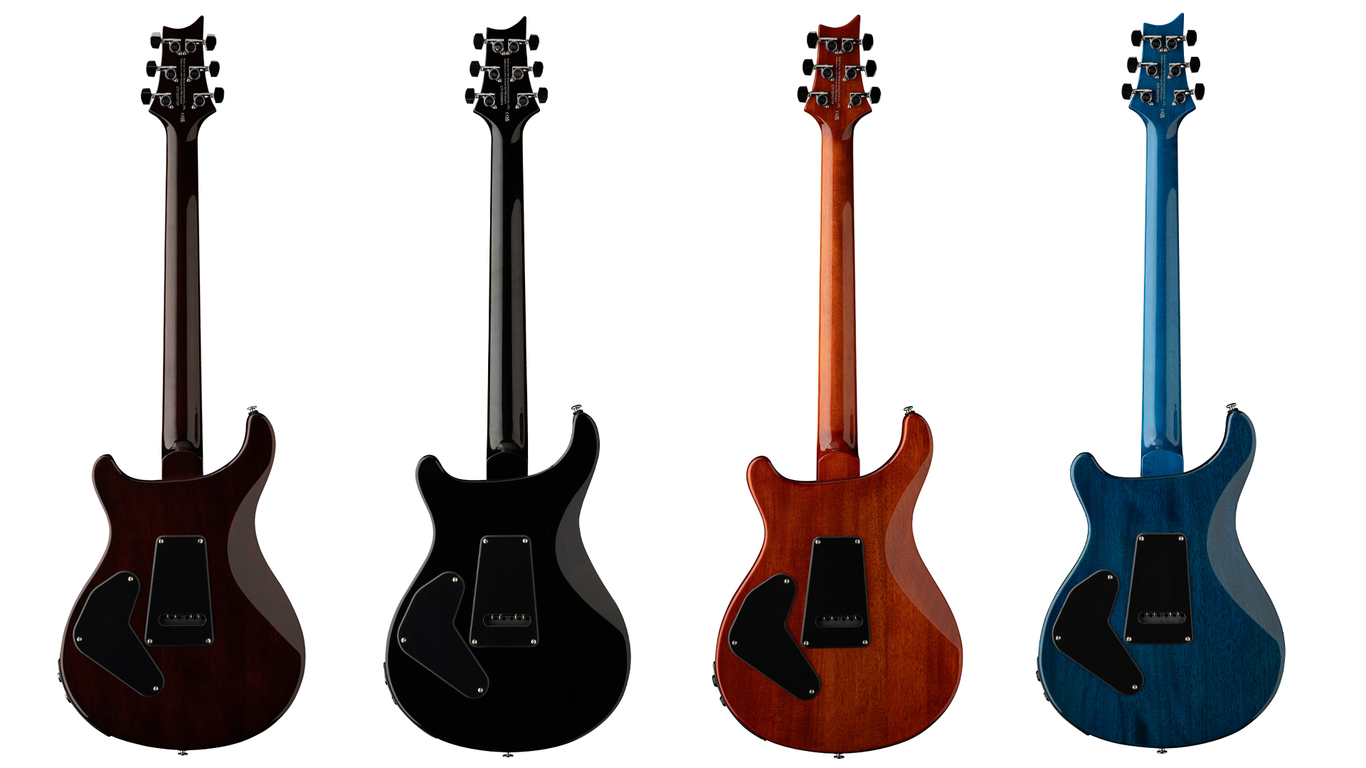 A group shot showing the PRS SE Custom 24 Hollowbody Piezo electric guitar in all four available finishes: (from left) Orange Tiger Smokeburst, Charcoal Burst, Vintage Sunburst and Lake Blue