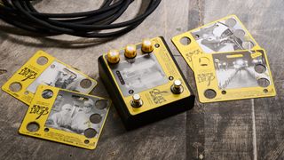 An Eventide x Third Man Hardware Knife Drop with its preset cards and a guitar cable