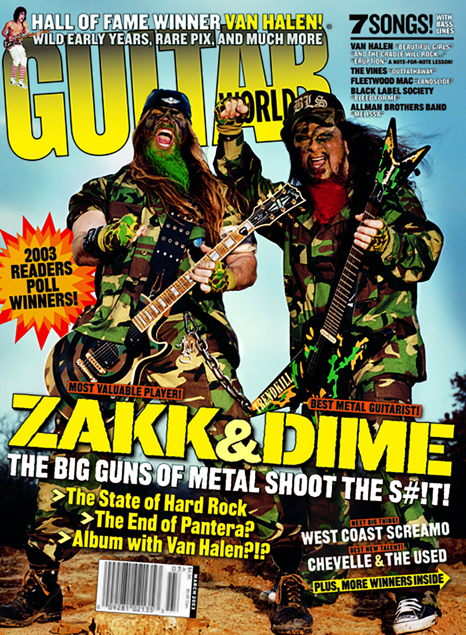 Guitar World March 2003 cover featuring Zakk Wylde and Dimebag Darrell with in full camo clothing and facepaint, with camo finish guitars and dyed beards.