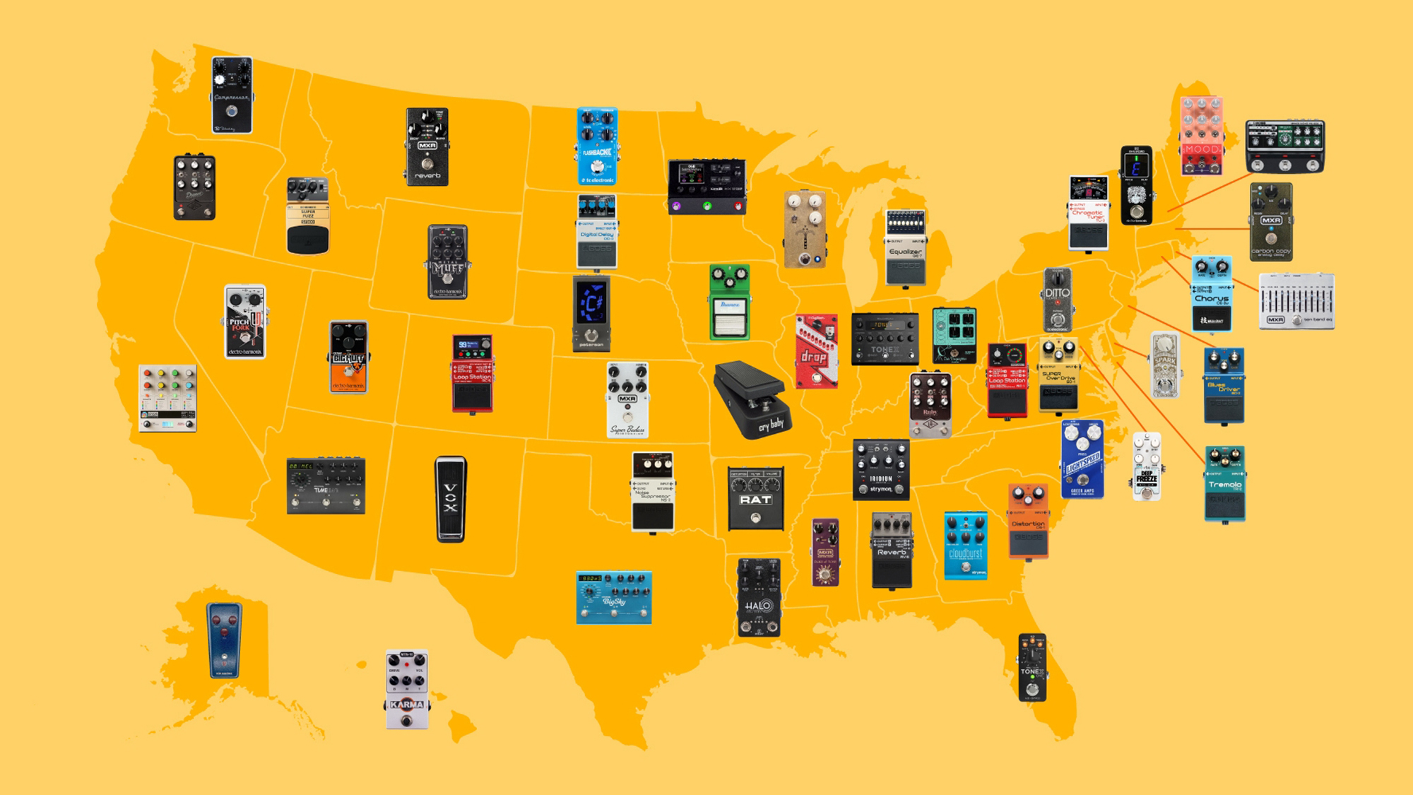 Reverb's map of the most popular effects pedals in each US state