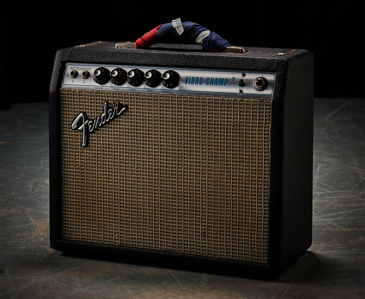 A vintage Fender Vibro Champ amplifier. Introduced in 1964, the Vibro Champ had a tube tremolo with controls for speed and intensity.