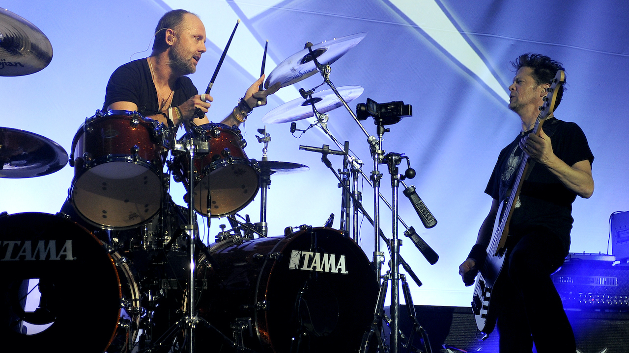 Lars Ulrich (L) and Jason Newsted of Metallica perform during day three of the band's 30th Anniversary shows at The Fillmore on December 9, 2011 in San Francisco, California