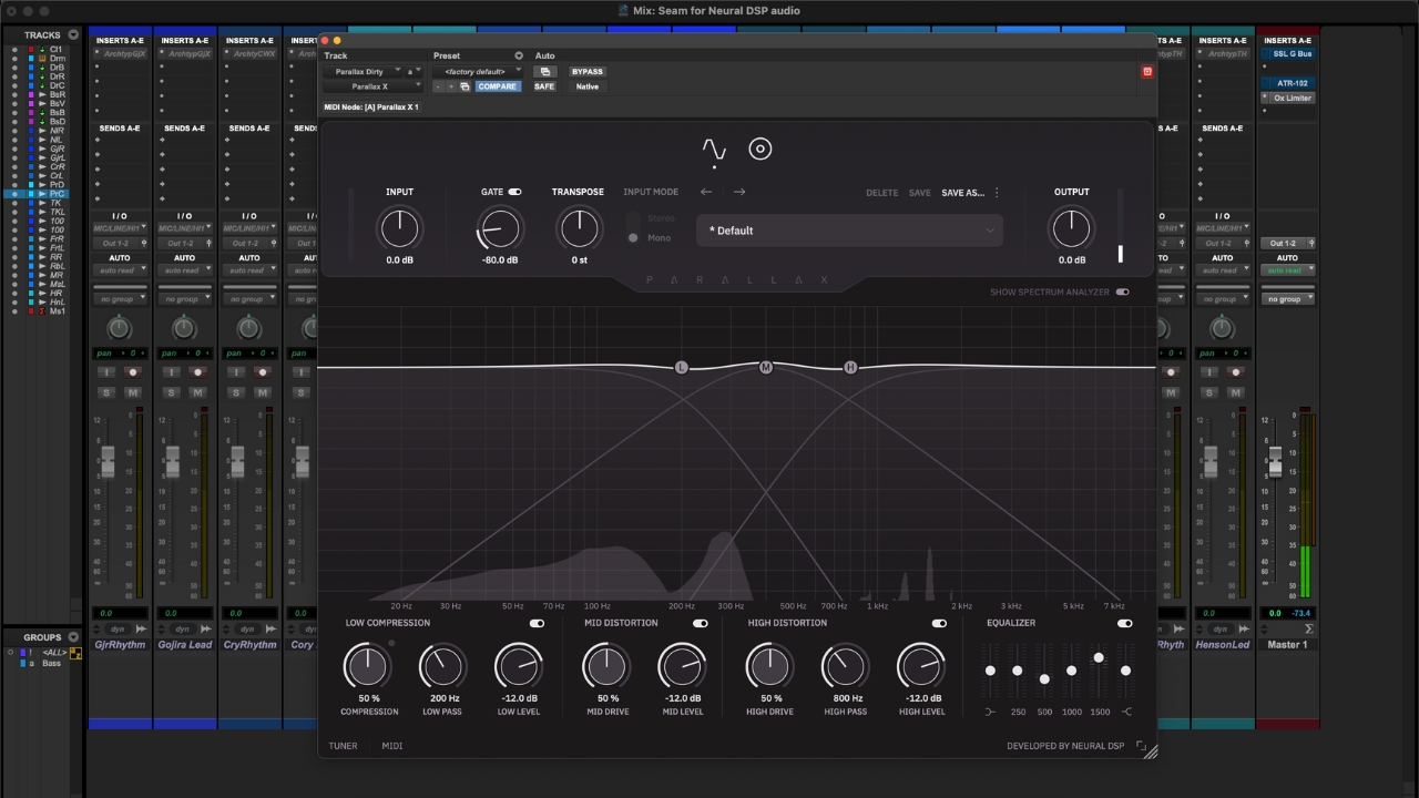 A screenshot of Neural DSP Parallax X running in Pro Tools