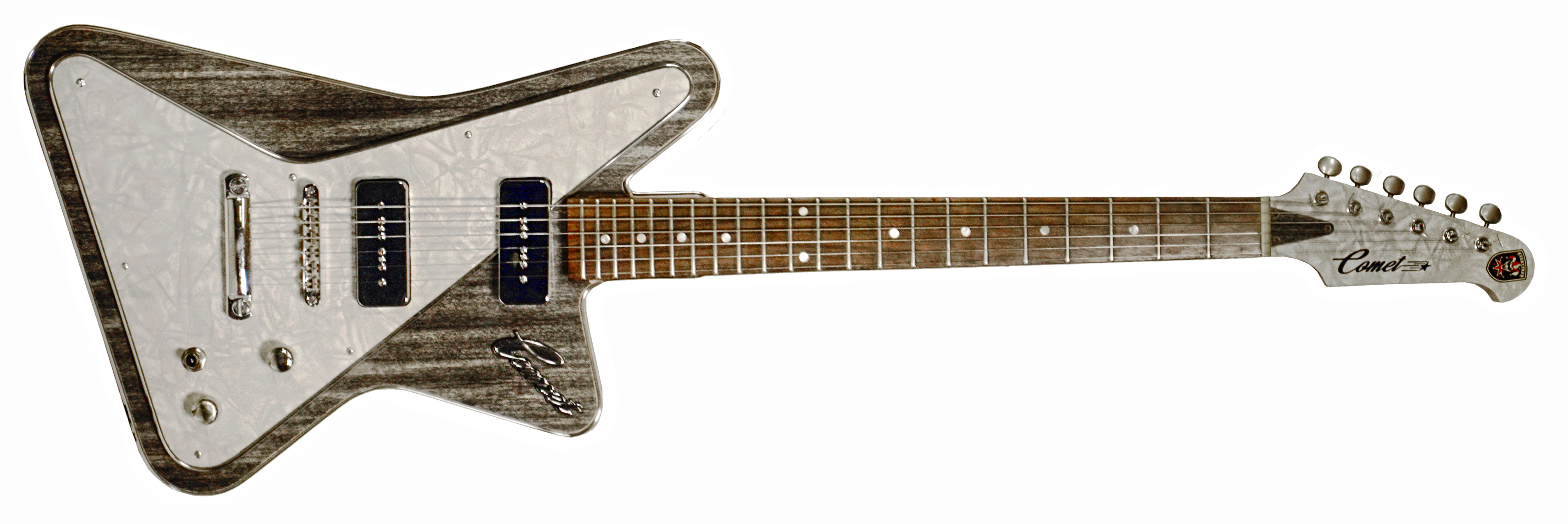 A photo showing a custom Jon Trickey Comet six-string electric guitar