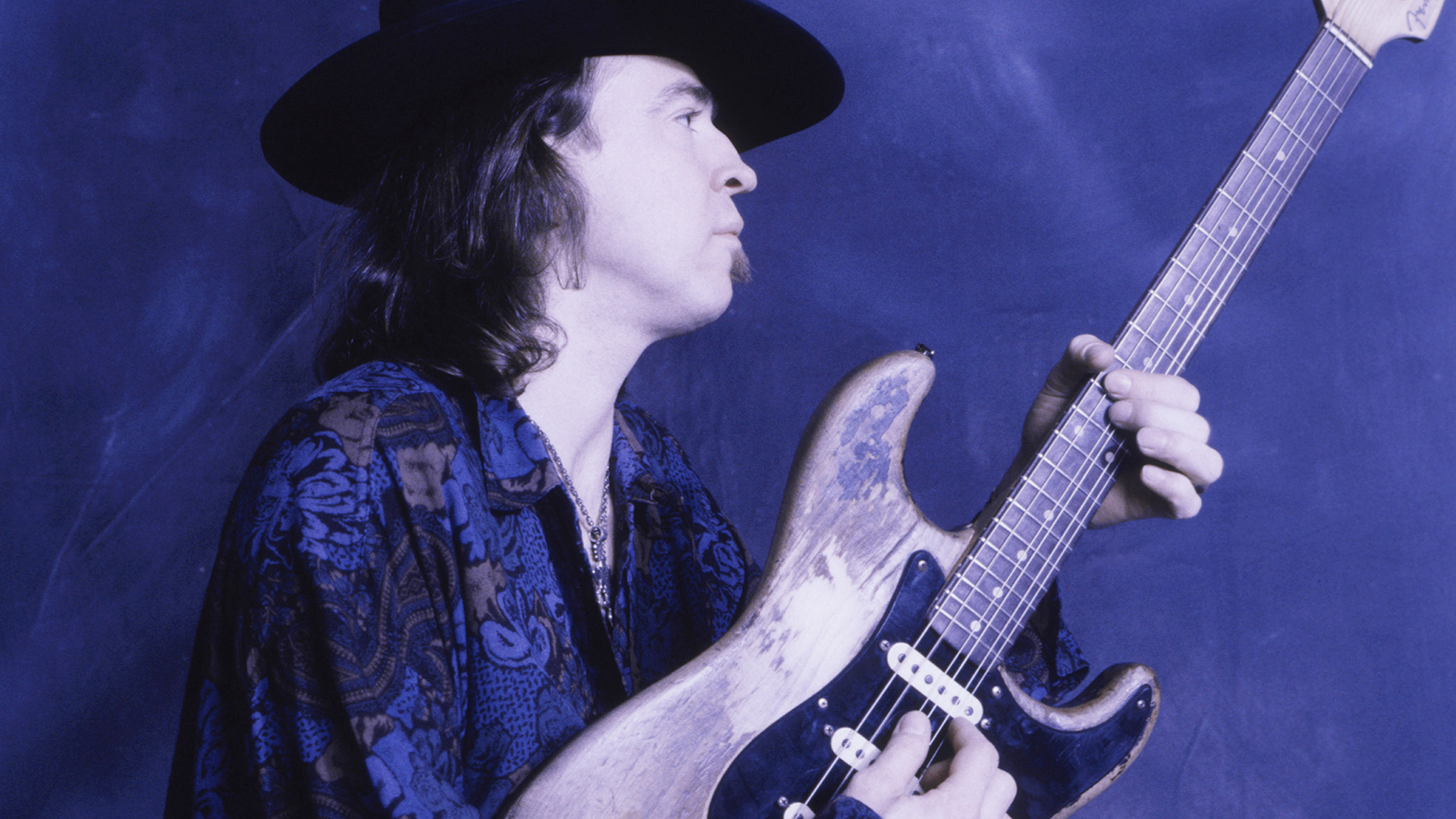 Stevie Ray Vaughn photographed with his Number One Fender Stratocaster in the 1980s