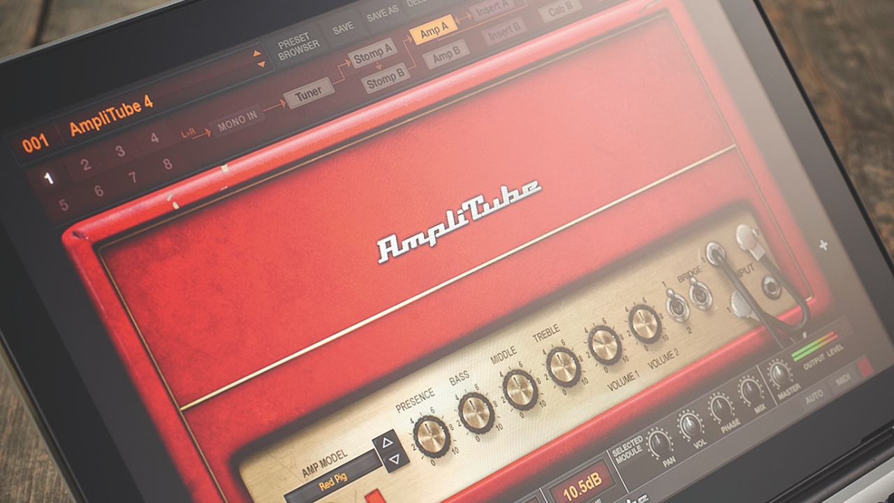 Close up of AmpliTube 5 guitar plugin on a MacBook