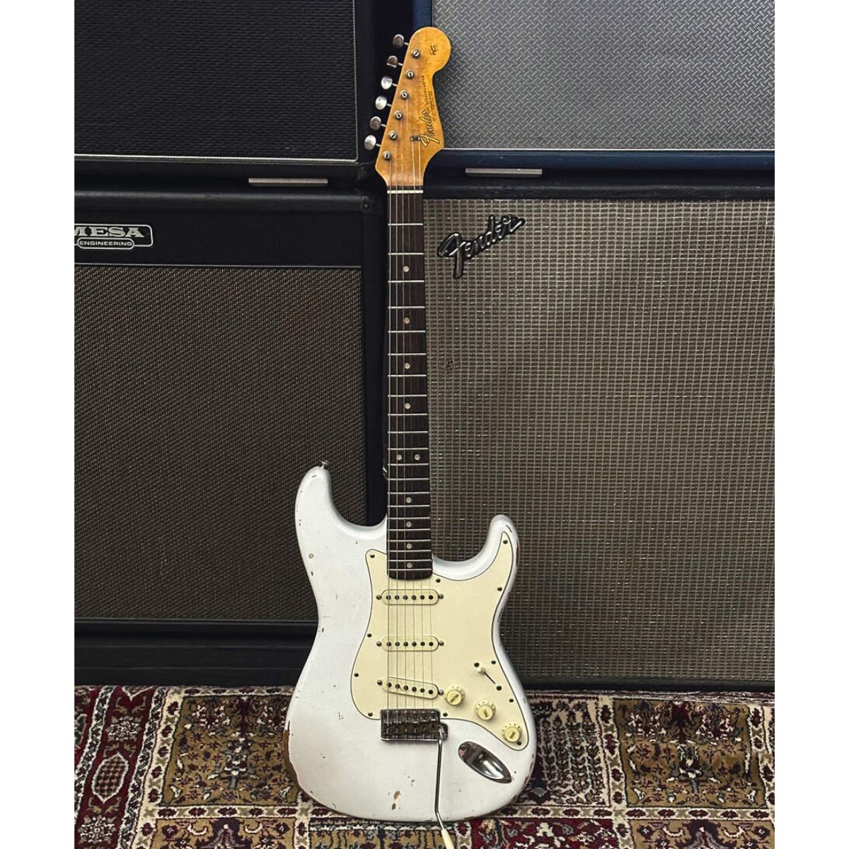 Strat with white finish, owned by Andy Timmons