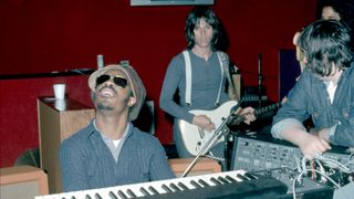 R&B musician Stevie Wonder and rock guitarist Jeff Beck in the recording studio circa 1972.