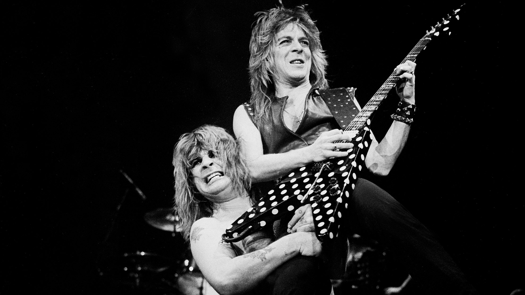 British musician Ozzy Osbourne and American musician Randy Rhodes (1956 - 1982) perform at the Rosemont Horizon, Rosemont, Illinois, January 24, 1982.