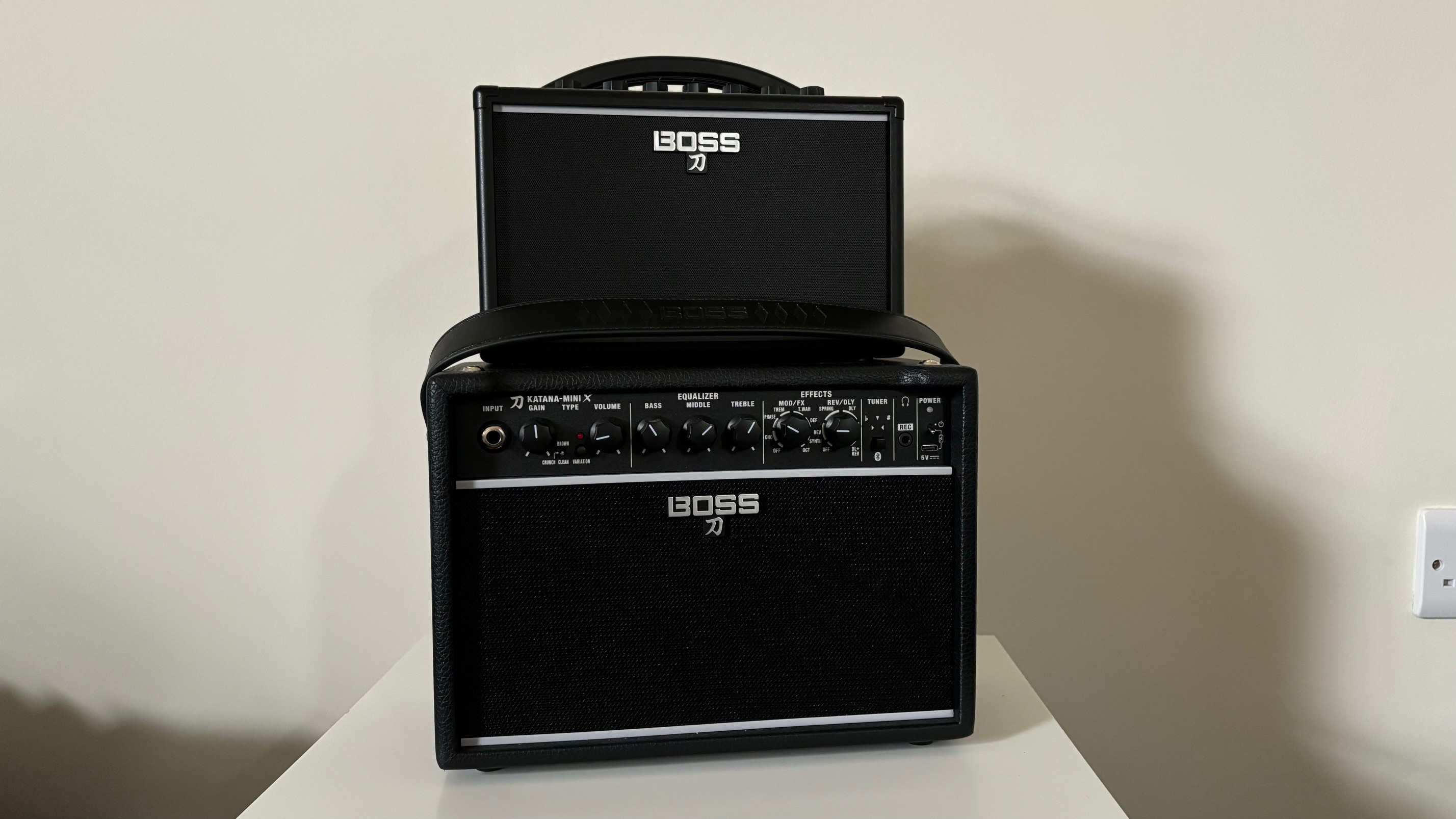 Boss Katana Mini sat on top of a Katana Mini X amp