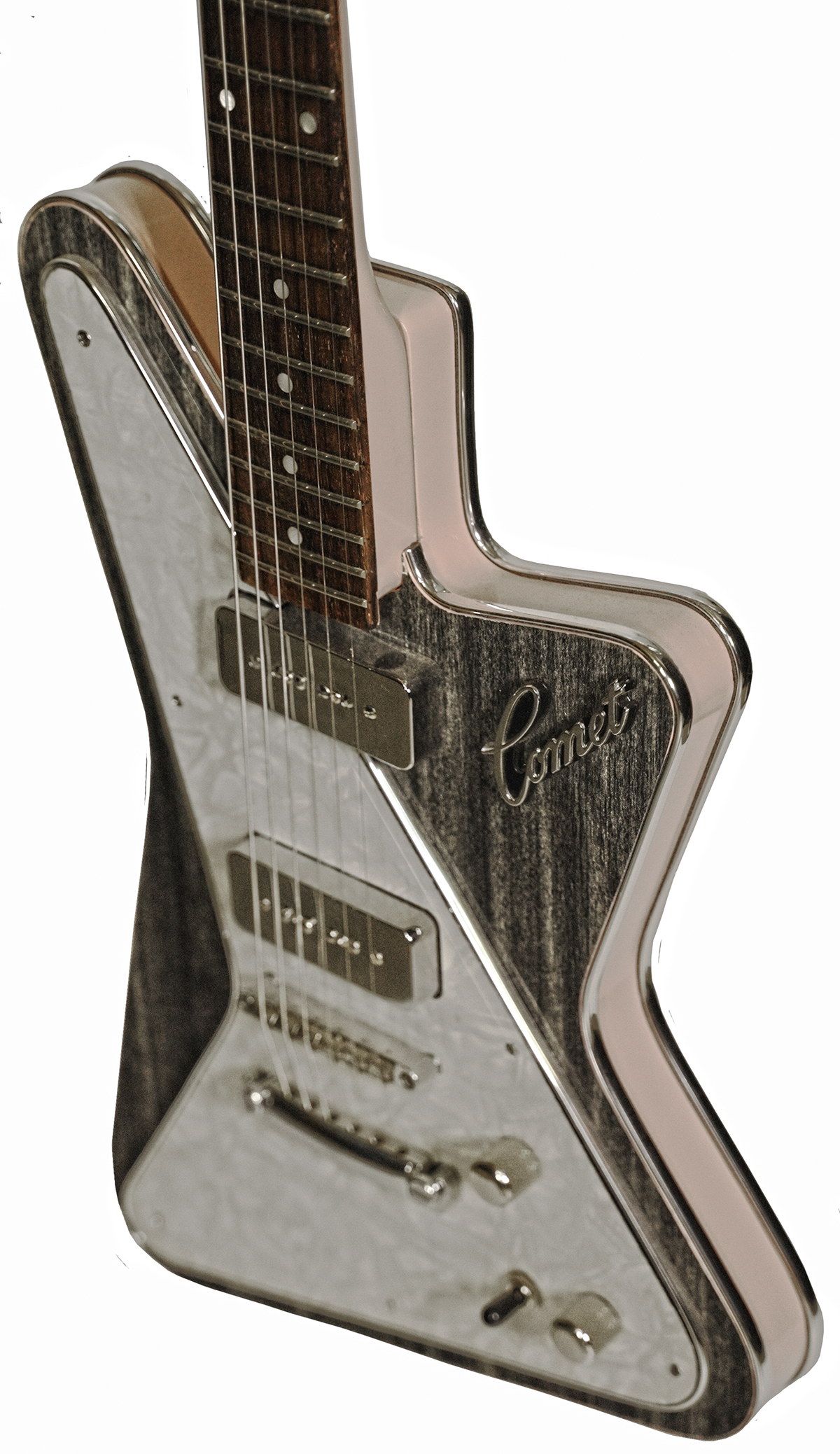 A detail photo showing the body of a custom Jon Trickey Comet six-string electric guitar