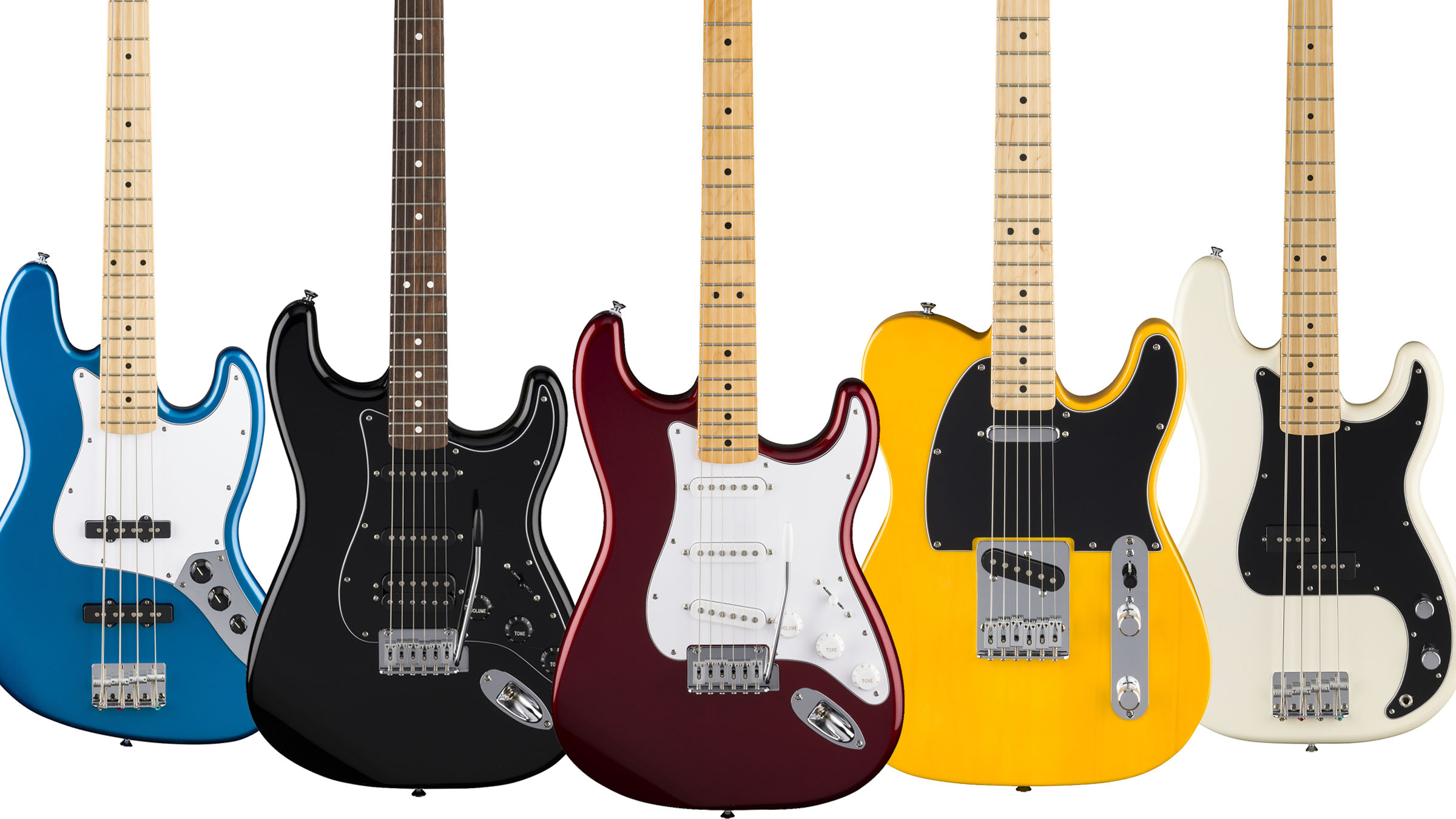 Fender Standard Series: Launched at NAMM 2025, Fender's new affordable lineup comprises (L-R) the Jazz Bass, HSS Stratocaster, Stratocaster, Telecaster and Precision Bass