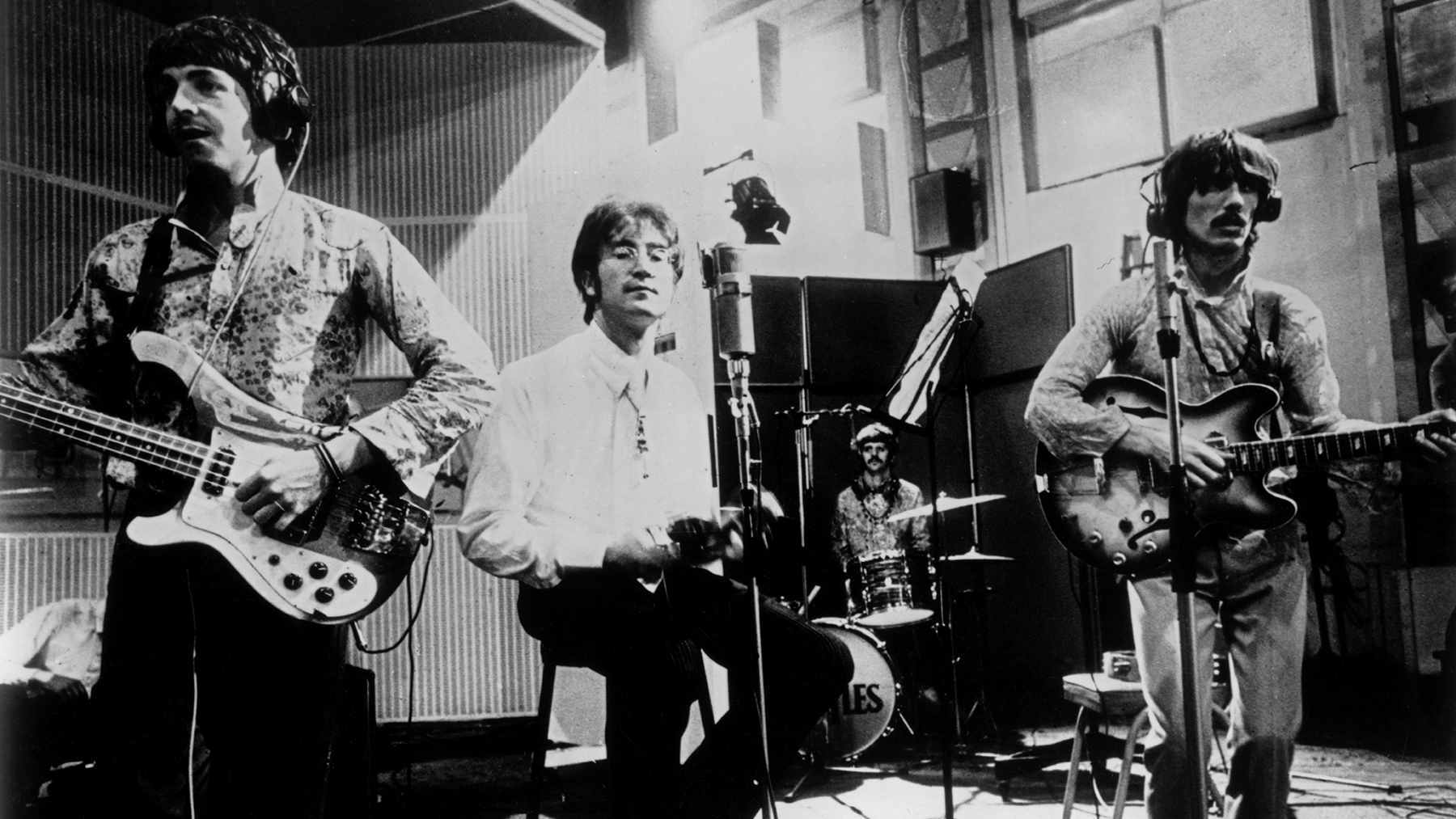 Rock and roll band 'The Beatles' rehearse their song 'All You Need Is Love' for 'Our World' the first live satellite uplink performance broadcast to the world on June 25, 1967 in London, England. (L-R) Paul McCartney, John Lennon, Ringo Starr, George Harrison.