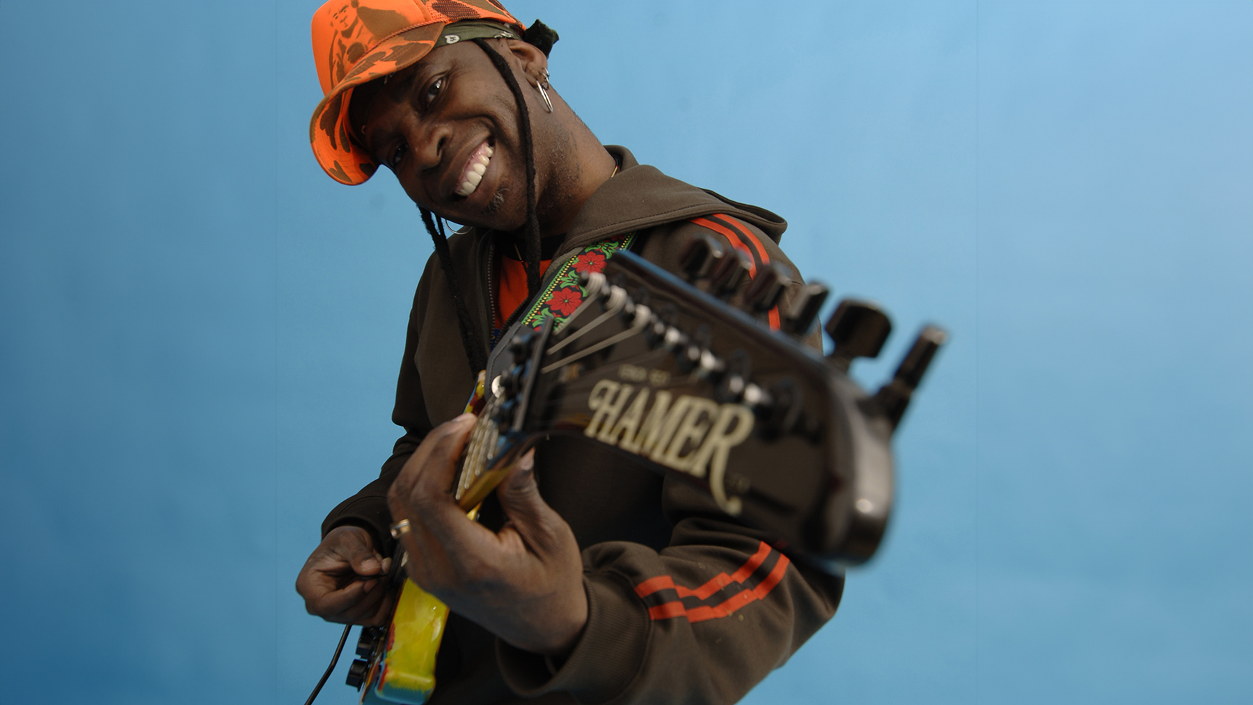 Guitarist Vernon Reid poses for a portrait with his custom Hamer guitar on March 23, 2006 in New York City.