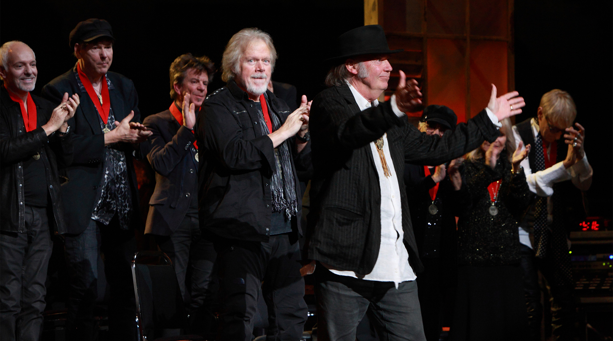 NASHVILLE, TN - JANUARY 28: Peter Frampton, Tommy Shannon, Chris Layton, Randy Bachman, Neil Young, Corki Casy O'Dell, Barbara Mandrell and Will Lee attend the 2014 Musicians Hall of Fame Induction Ceremony at Nashville Municipal Auditorium on January 28, 2014 in Nashville, Tennessee.