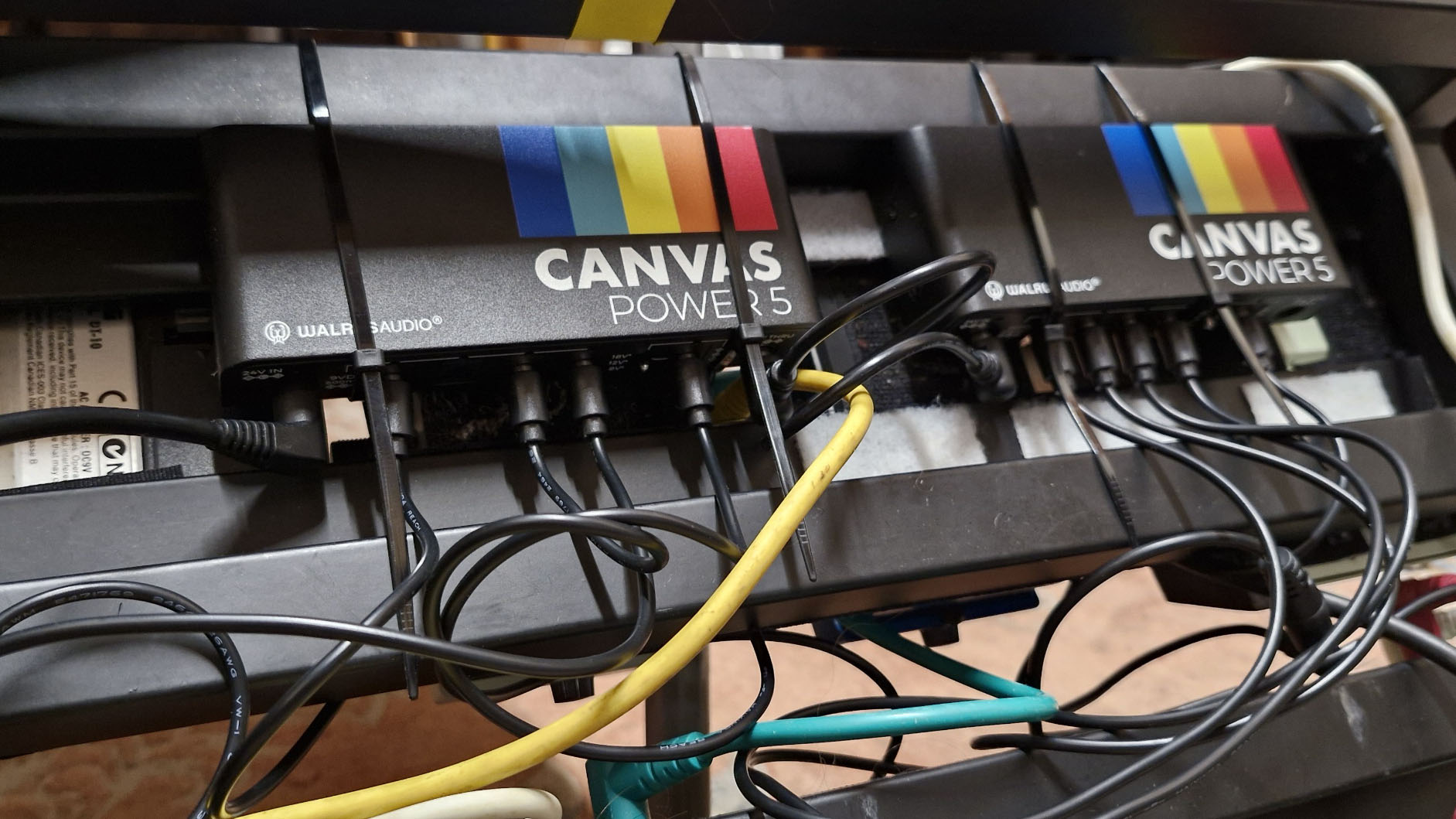Various shots of the Walrus Audio Canvas power supply products being tested