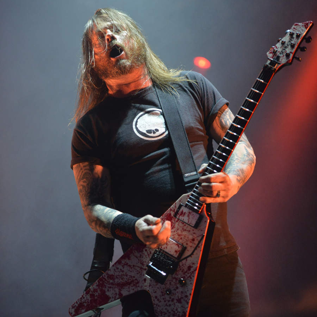 Gary Holt performing live on stage with American thrash metal group Slayer at Bloodstock Open Air festival in Derbyshire, England, on August 11, 2013