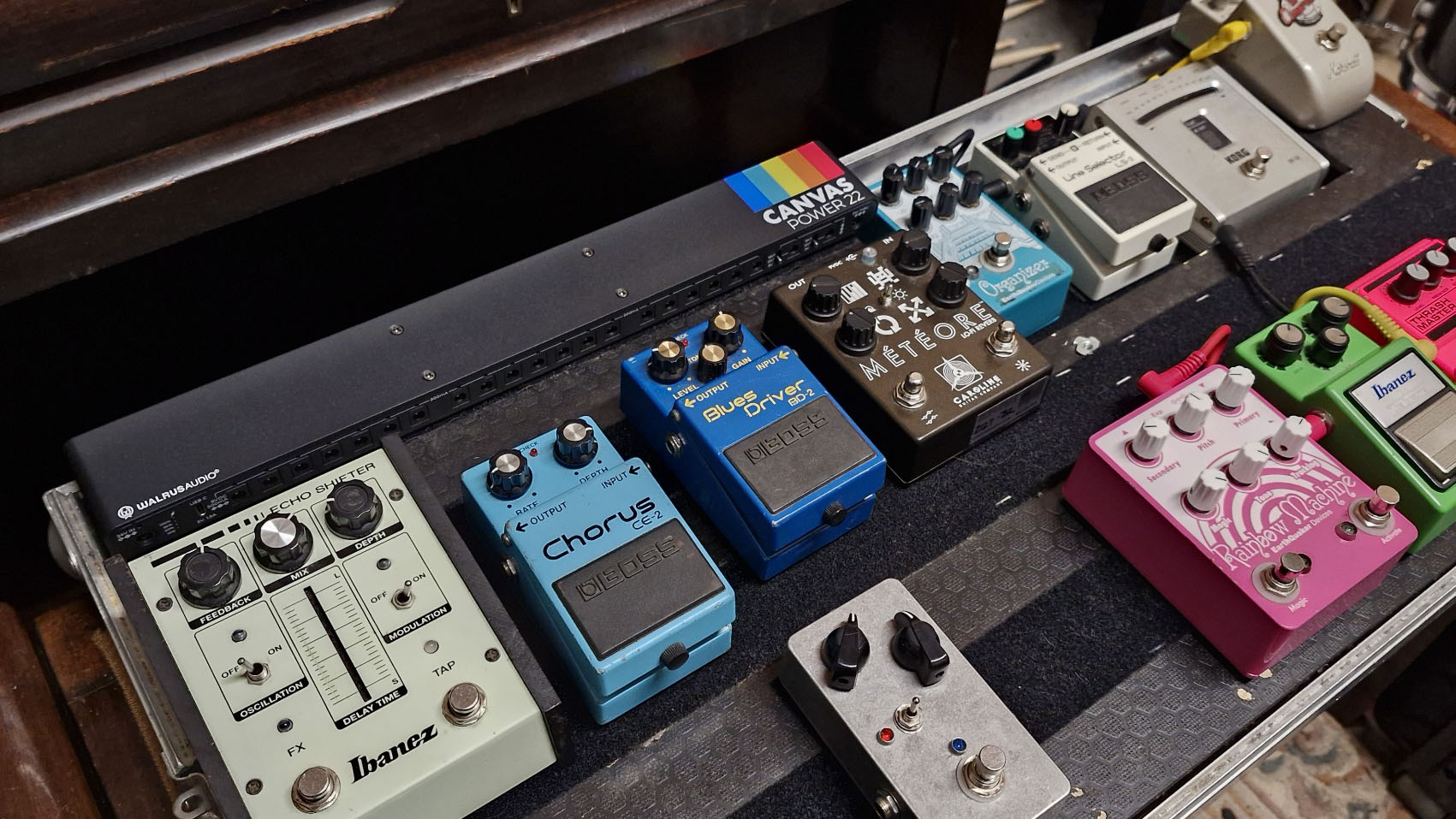 Various shots of the Walrus Audio Canvas power supply products being tested