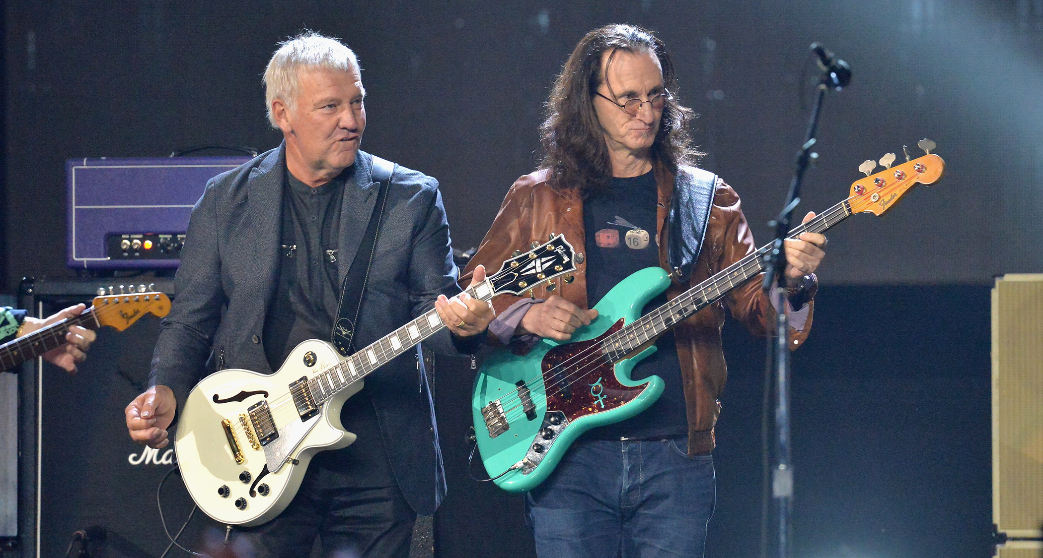 Alex Lifeson (left) and Geddy Lee onstage at the 32nd Annual Rock & Roll Hall Of Fame Induction Ceremony in 2017