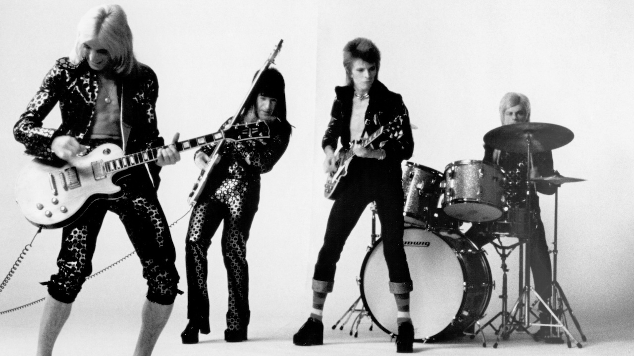Guitarist Mick Ronson, bassist Trevor Bolder, David Bowie and drummer Mick Woodmansey of 