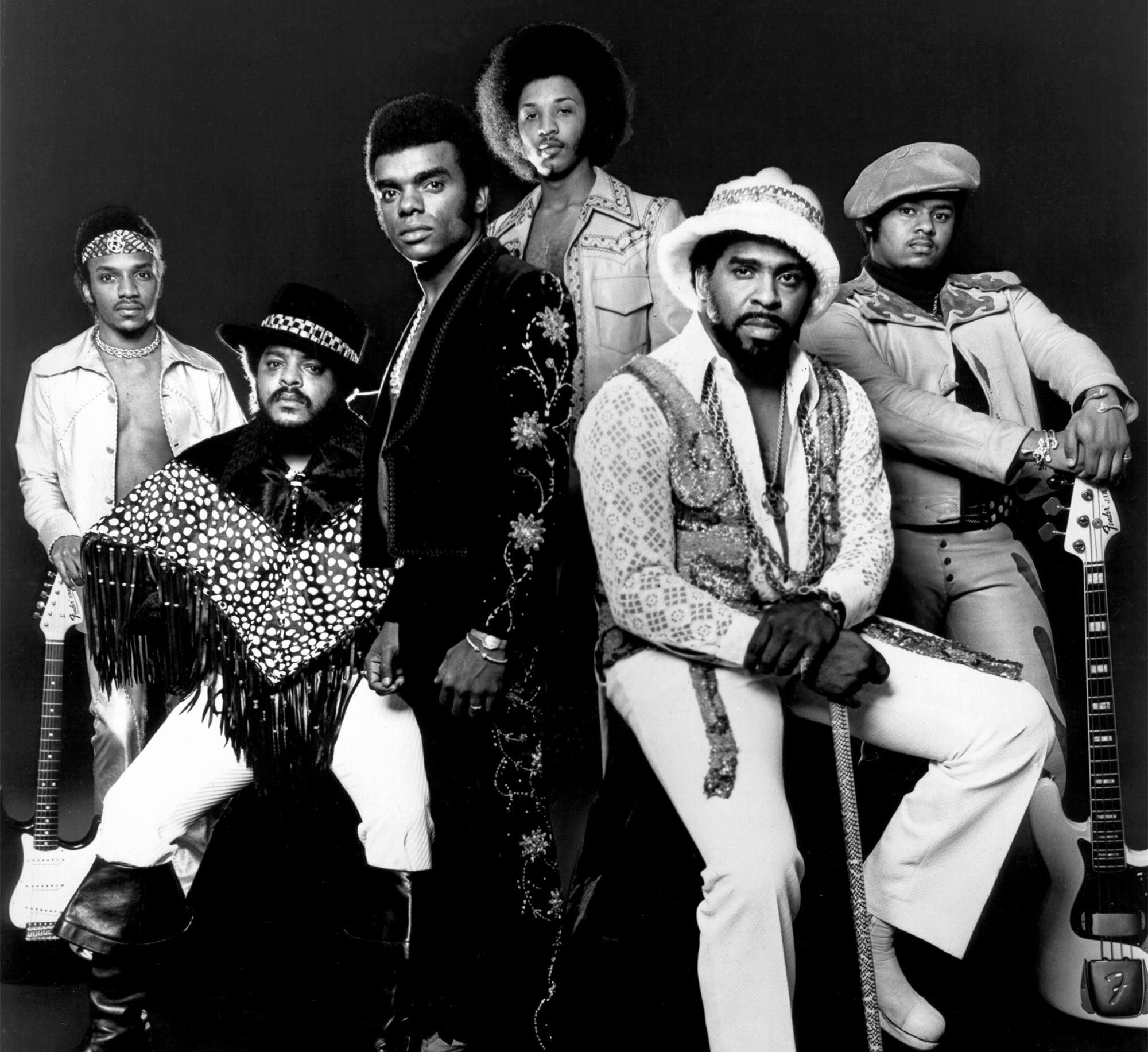 Photo of ISLEY BROTHERS in 1973; Ernie, Kelly, Ronald, Chris Jasper, Rudolph and Marvin