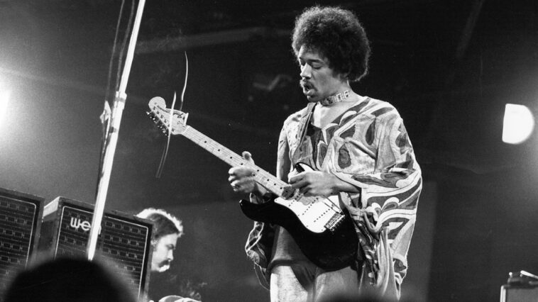 Jimi Hendrix performing at the Isle of Wight Festival at Afton Down on the Isle of Wight, 31st August 1970