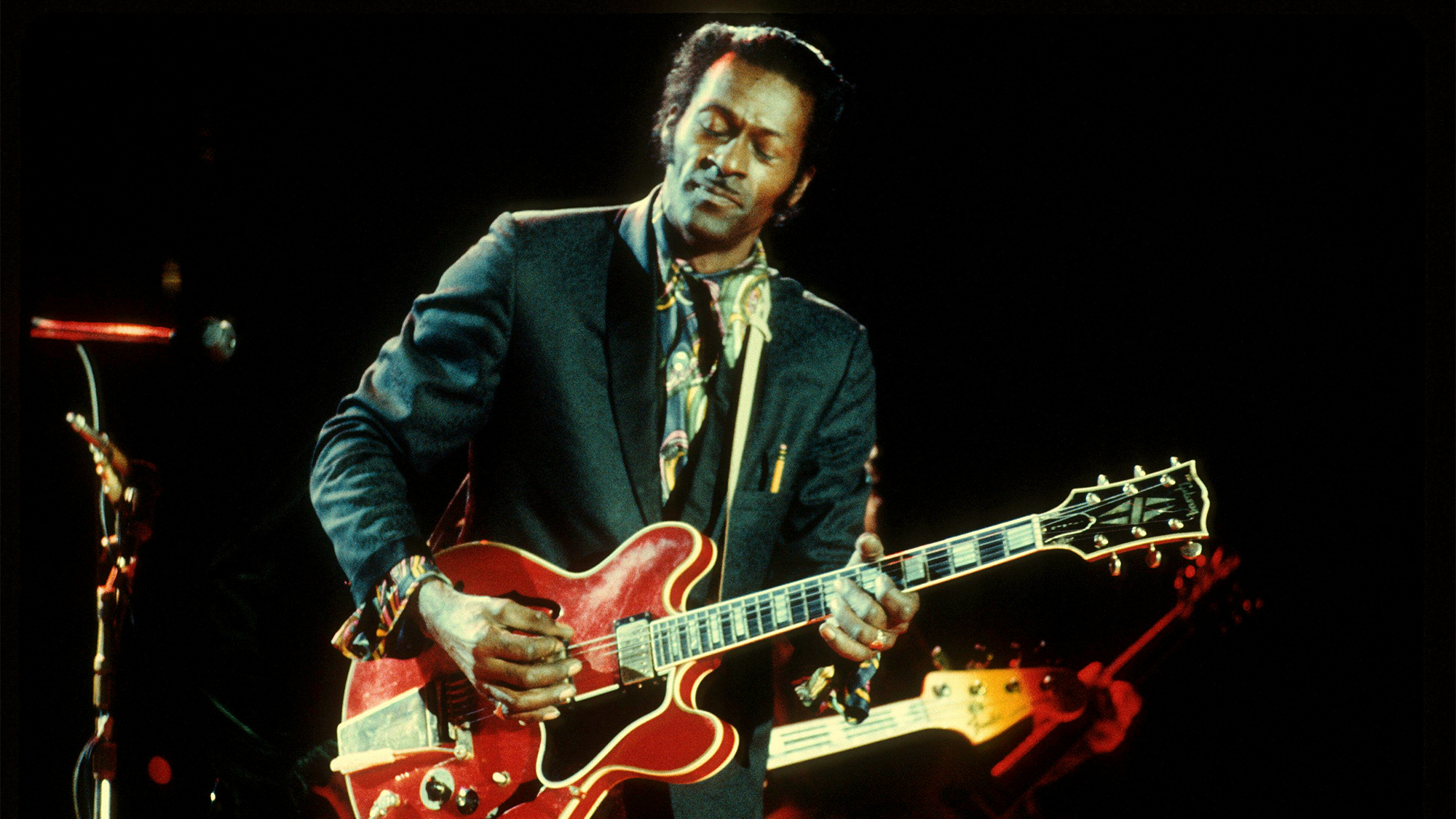 Chuck Berry performs in concert with a Gibson ES-355 during the 1970's.