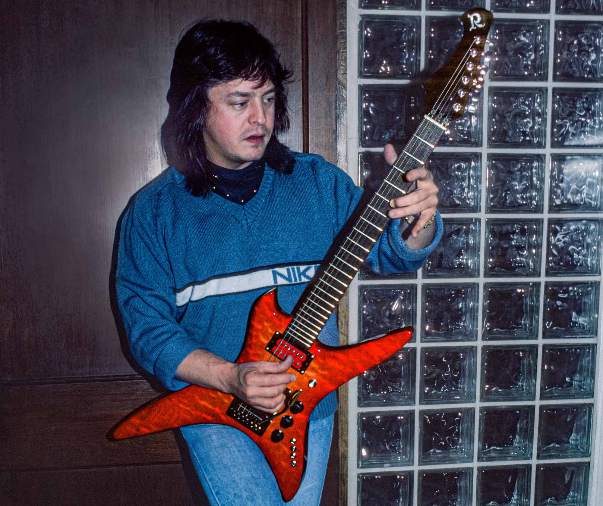 Rick Derringer holds his B.C. Rich Stealth guitar at a photo shoot in New York City on December 14, 1983