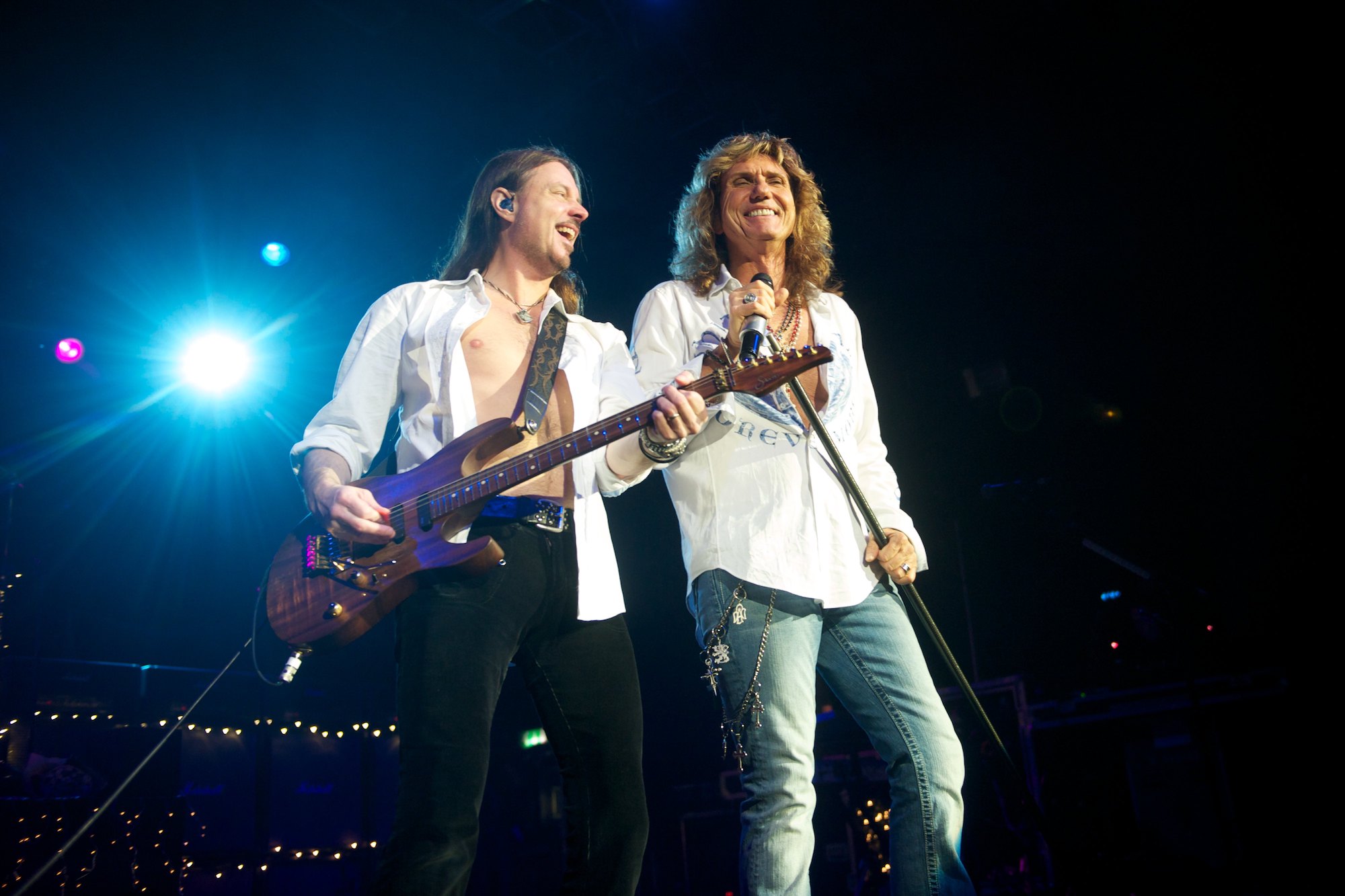 Reb Beach (left) and David Coverdale perform onstage with Whitesnake at the HMV Forum in London on December 5, 2011