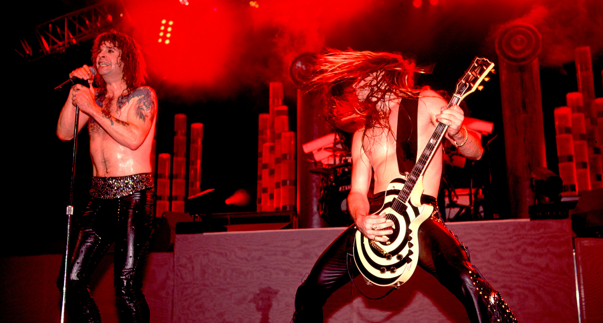 Ozzy Osbourne and Zakk Wylde tear it up onstage in 1989. Ozzy is shirtless. Wylde his shirtless, too &ndash; and he plays his bullseye graphic Les Paul.