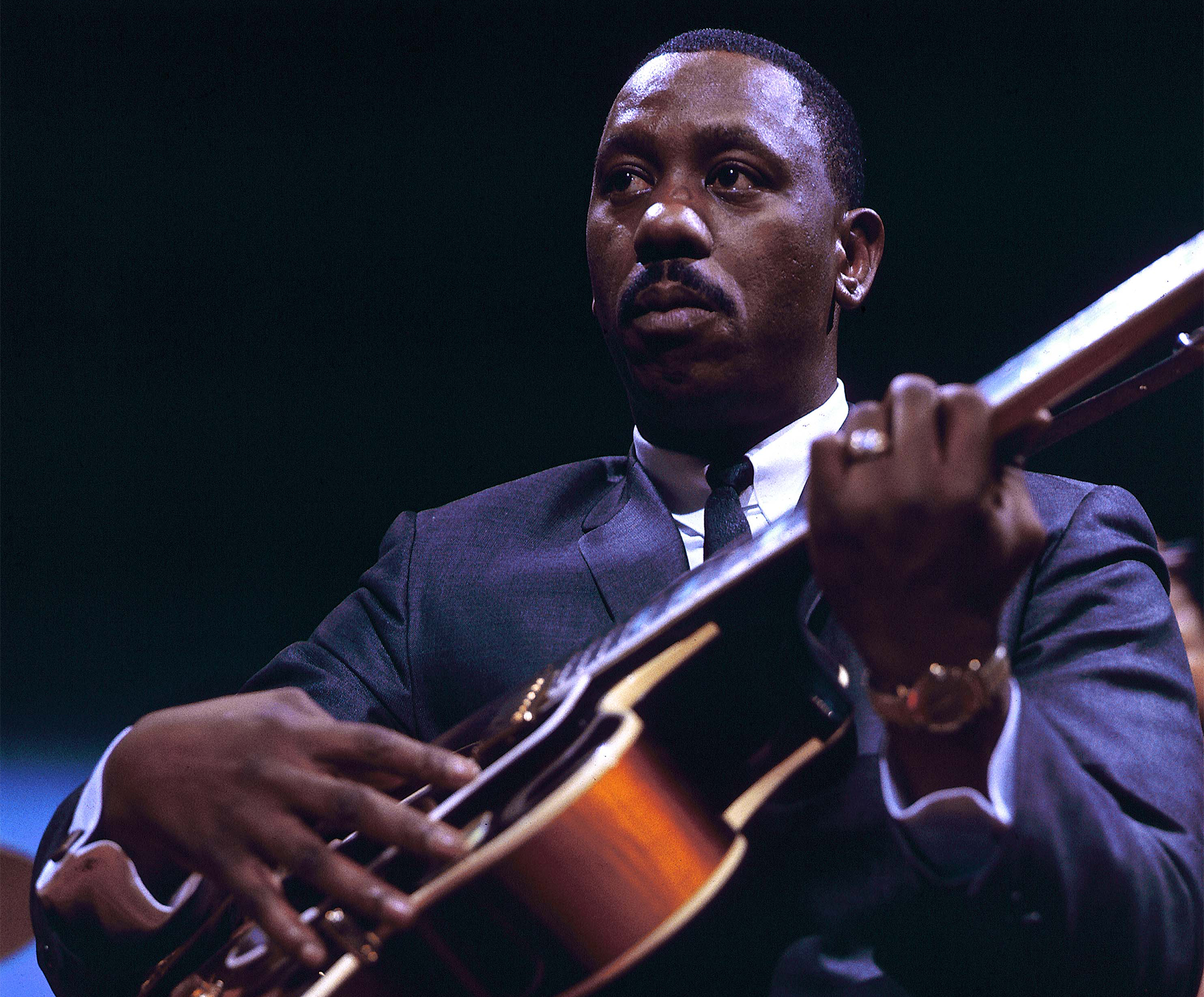 American jazz guitarist Wes Montgomery (1923-1968) performs with his quartet on the BBC Television series 'Jazz 625' at Television Centre in London 25th March 1965.
