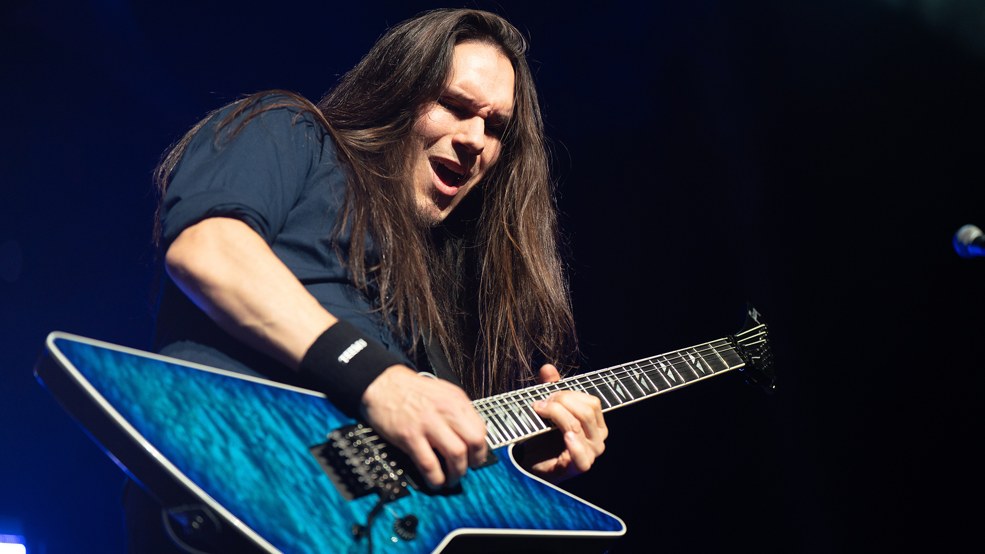 Teemu M&auml;ntysaari of Megadeth seen performing live on stage. Megadeth played London's O2 Arena as Special guests of the Band Disturbed on their 25th Anniversary tour Sick Things