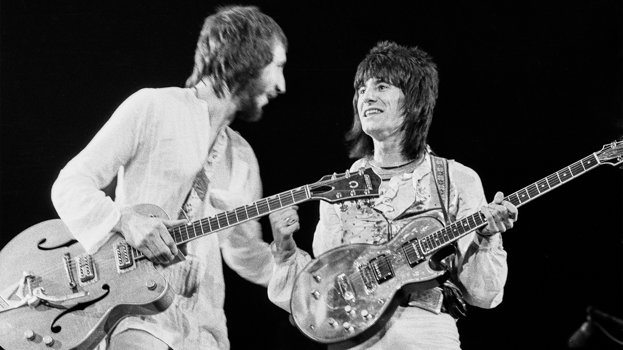 English guitarists Pete Townshend (left) and Ronnie Wood appear in Eric Clapton's Rainbow Concert at the Rainbow Theatre, London, 13th January 1973. Townshend is playing a Gretsch 6120 Chet Atkins and Wood is playing a Zemaitis electric guitar.