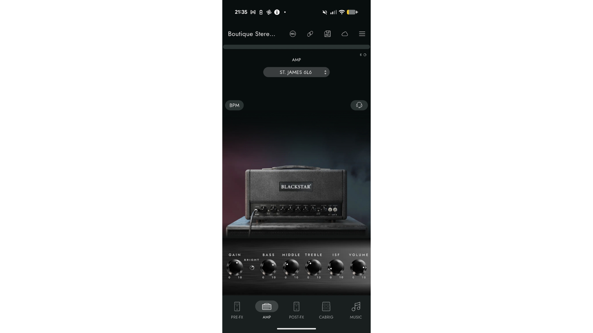 A screenshot of the Blackstar Beam companion app on a Pixel smartphone