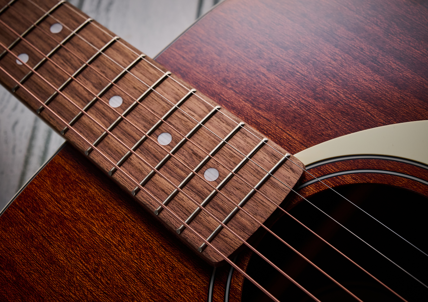 Close up of the neck and soundhole on the Fender California Standard Monterey E acoustic guitar