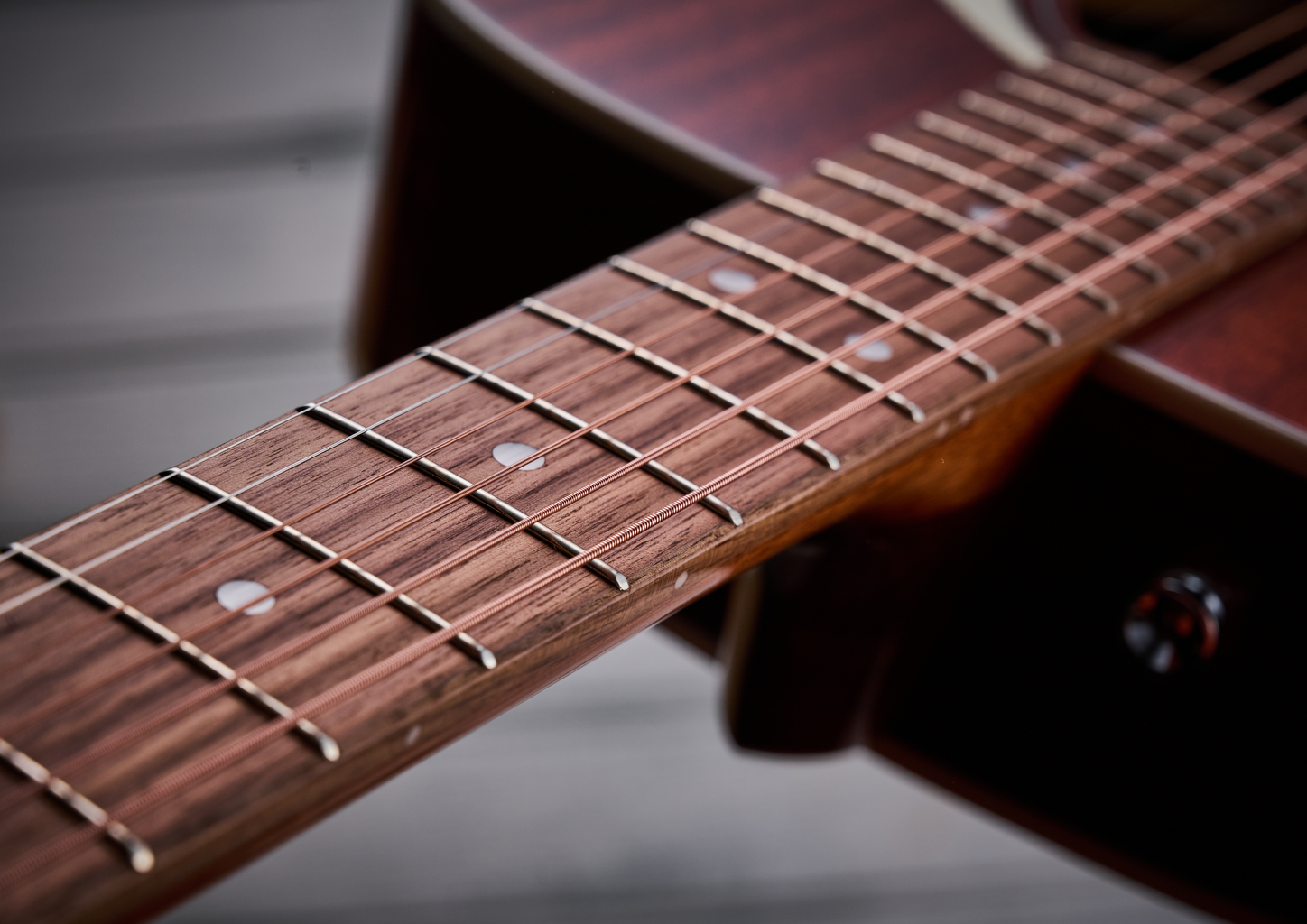 The neck of the Fender California Standard Monterey E acoustic guitar