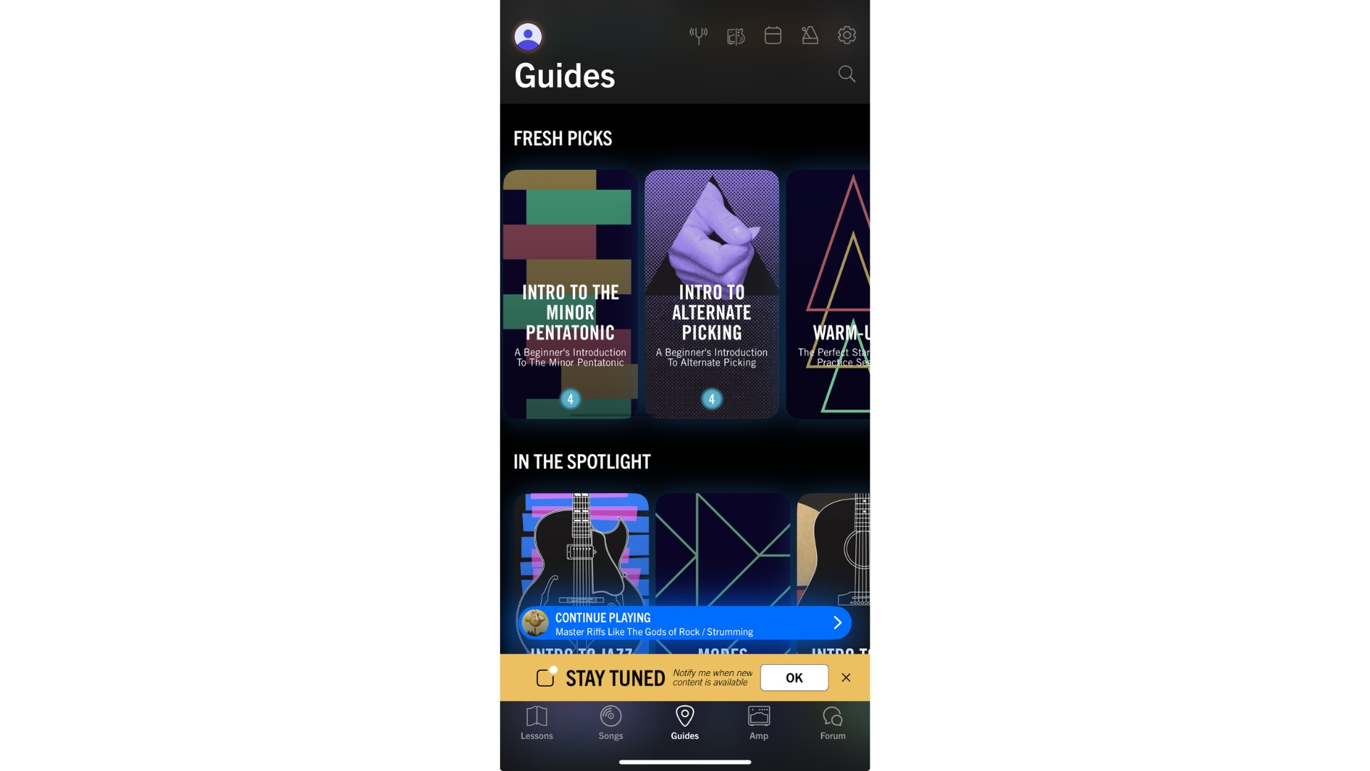A screenshot showing the guides section of the Gibson guitar lessons app