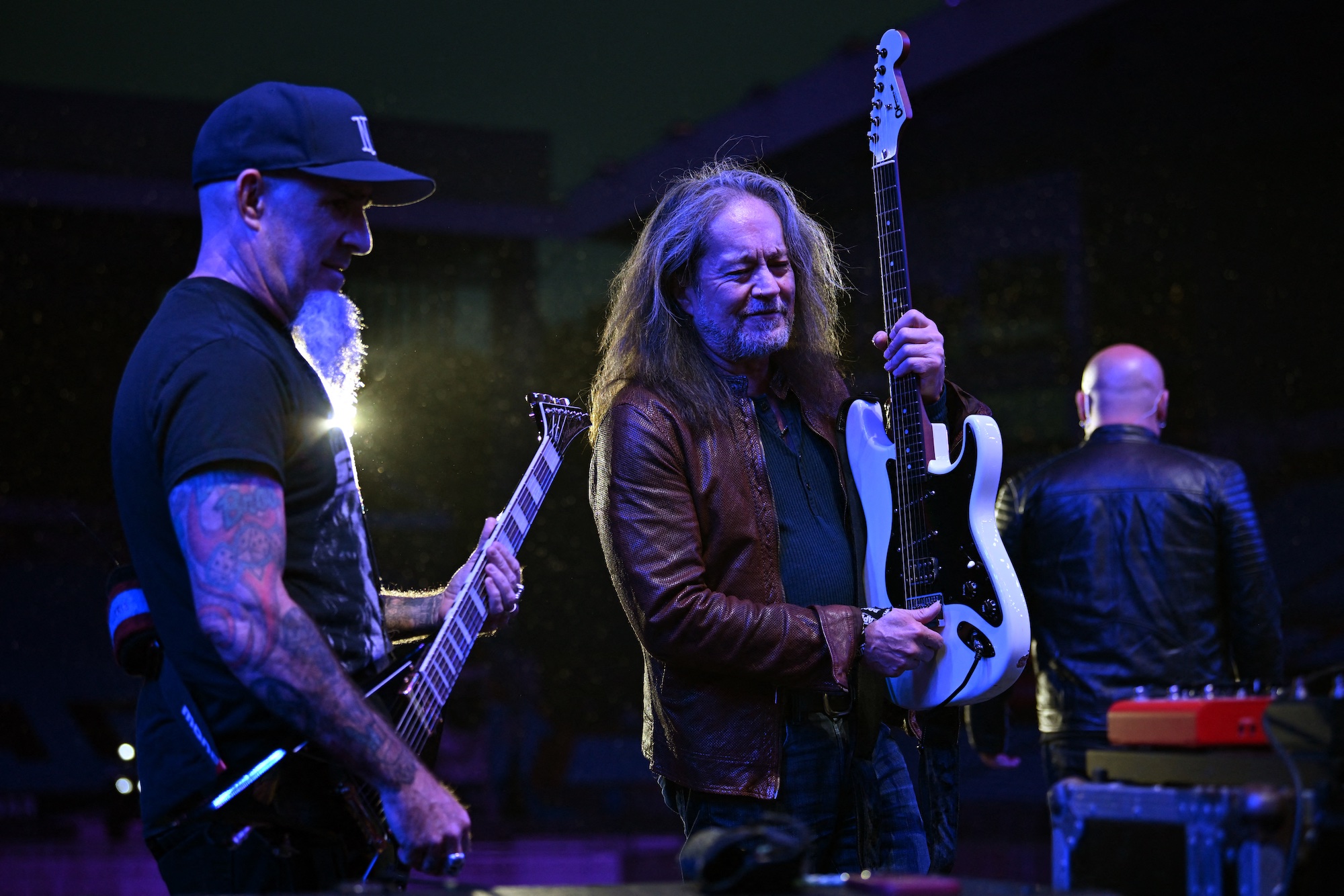 Scott Ian (left) and Jake E. Lee, pictured during rehearsals for the Back to the Beginning concert